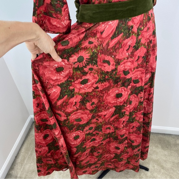 Vintage 60s Evelyn Pearson Lounge Red Floral V Neck Collar Maxi Flare Dress M - Picture 9 of 11